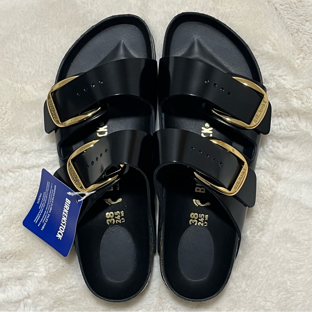 Birkenstock Arizona Big Buckle Sandals Natural Leather Patent High Shine Black - Picture 11 of 13